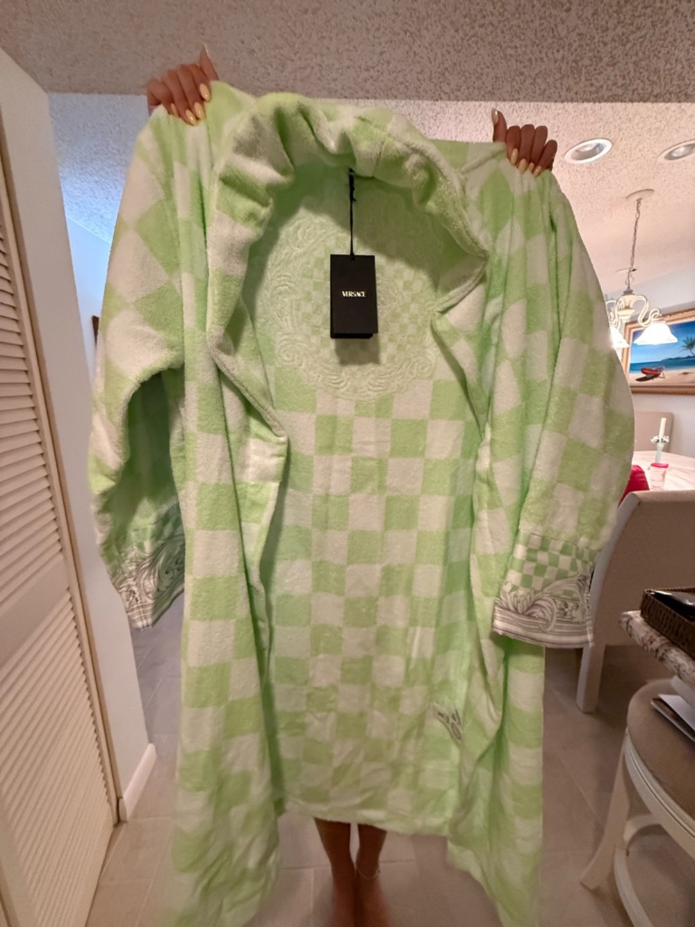 Versace Lime Green and White Checker Terry Robe